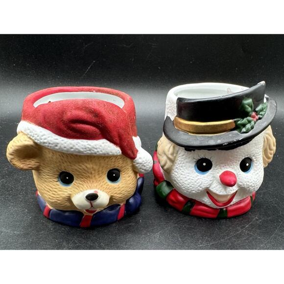 2 Vtg Christmas Snowman & Teddy Bear Bisque Porcelain Candy Bowls Or Planter S1L - Picture 2 of 11